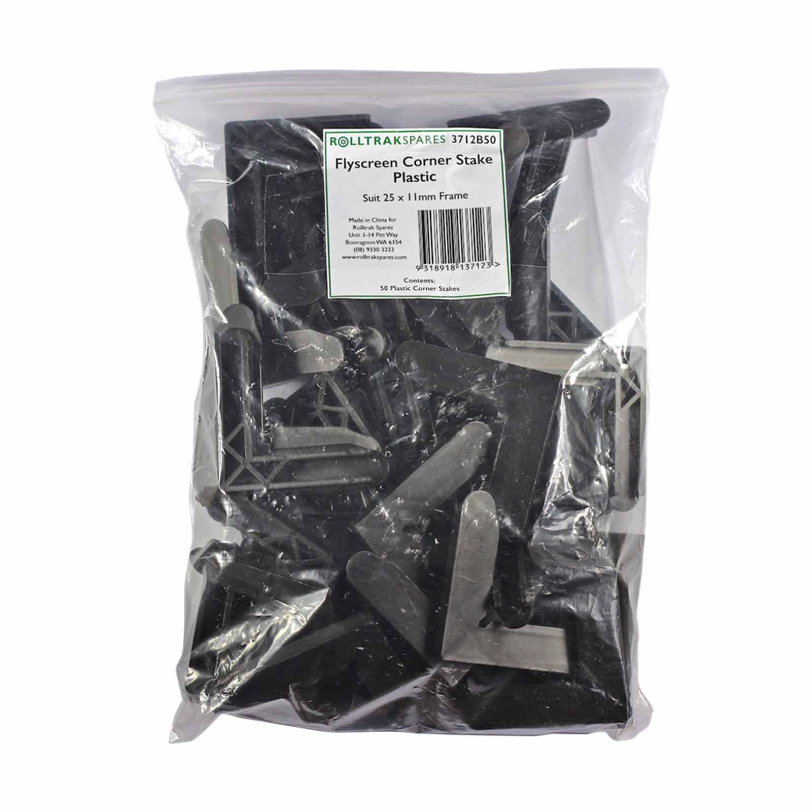 11x25mm Rolltrak Flyscreen Corner Stake (1 pack of 50) Black Plastic